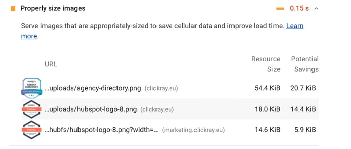 Google PageSpeed Insights Before Implementation - Image Size